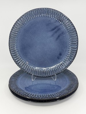 3 Crate & Barrel Cove Indigo DINNER Plates Blue 10.75in Reactive Rim Stoneware