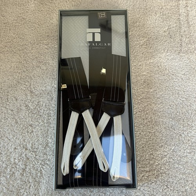 #ad TRAFALGAR Satin Formal Braces Black With White Stripe Mens Suspenders Worn Once $29.99