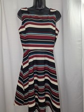 Gilli M Multicolored Cream Burgundy Black Stripe Print Fit Flare Skater Dress 