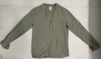 Zara Men Relaxed Fit Linen Shirt Size S Olive Green Long Sleeve Button Down