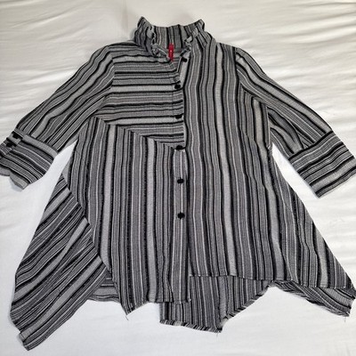 IC Collection Top Women's M Tunic Black White Striped Button Blouse Connie K EUC