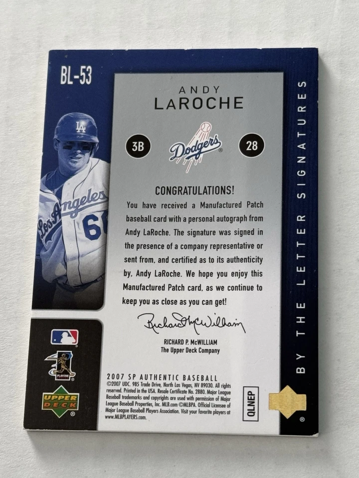 Andy LaRoche 2007 SP Authentic By The Letter O Signatures Auto Patch /75 Dodgers - Image 3 of 3