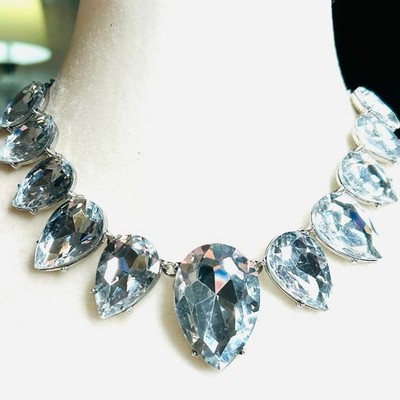 Express Large Graduating Sparkling Clear Teardrops Silver Tone Choker Necklace