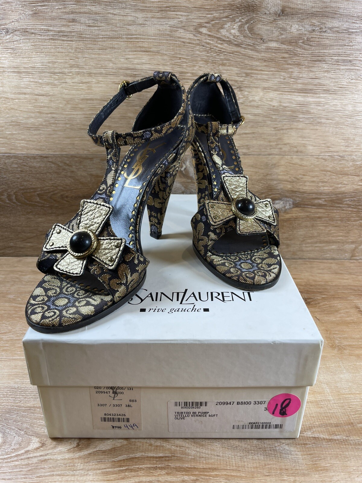 Sandali con cinturino a T in broccato oro Yves Saint Laurent autenticati taglia 38 5 US 8 5