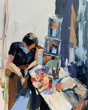 Working from home. Urban life.  ORIGINAL  oil painting.