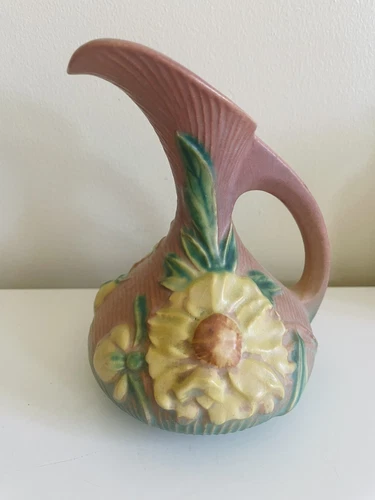 Roseville Pottery Peony Ewer U.S.A.  7-6" Yellow Flower on Pink Matte Finish