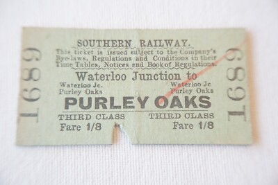 1933 Waterloo Junction to Purley Oaks Southern Railway Train Ticket