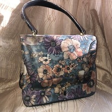 Bags by Varon vintage leather hand painted flowers teal purple peach handbag