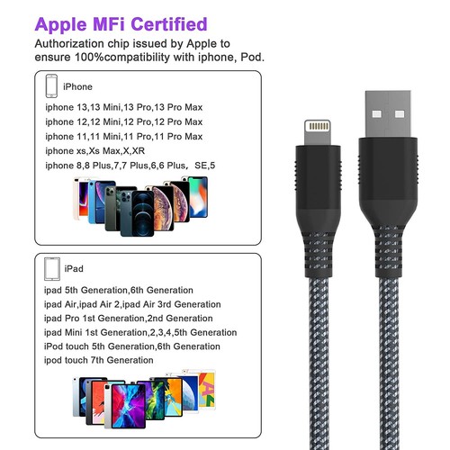 10Ft Fast Charger Cable For iPhone 14 13 12 11 Pro Max iPad mini Nylon Cord BK - Picture 3 of 8