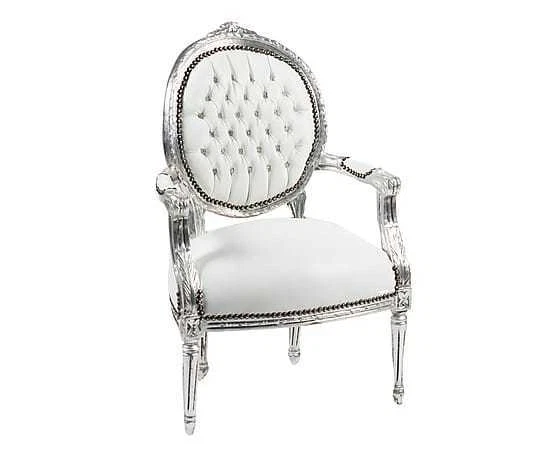 Baroque Leaf Upholstered Chair Silver with White Cover, Medallion Backrest