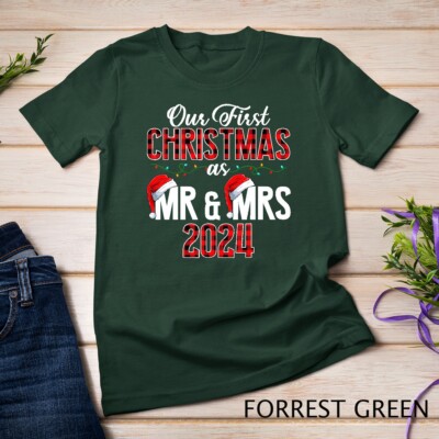 Cute Our First Christmas As Mr & Mrs 2024 Couples Pajamas T-Shirt Unisex T-shirt
