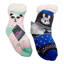 2x Little Girls Rabbit & Panda Bear Slipper Socks-Shoe Size 7-3-Faux Fur Lined