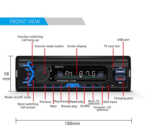 1 DIN Bluetooth Stereo Car Radio Player In-Dash FM AUX MP3 USB 2.1A Fast Charge - Bild 10 von 12