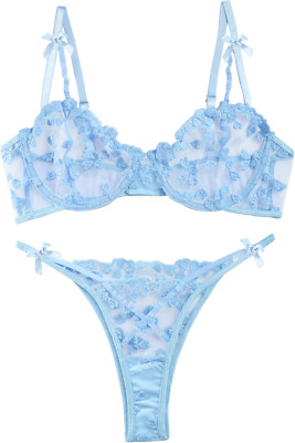 Sexy Underwire Cute Push up Strappy Embroidered Mesh Sheer Lingerie Set See 