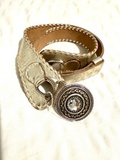 VTG CHICOS Gold Leather Belt Jeweled Hook/Fastener Laced Edges Read 