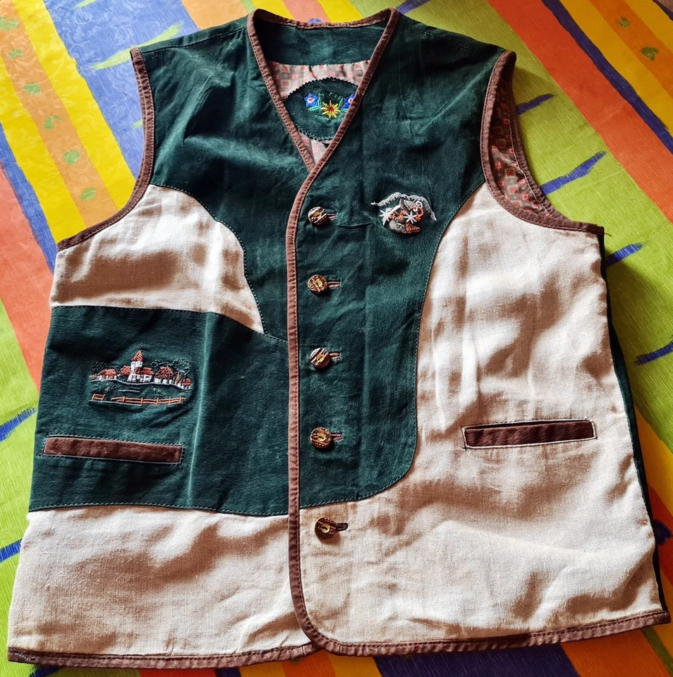 VEST VINTAGE TRACHTEN OKTOBERFEST DIRNDL TYROL LEATHER LINEN MEN :US40/EU50 - Image 4 of 4