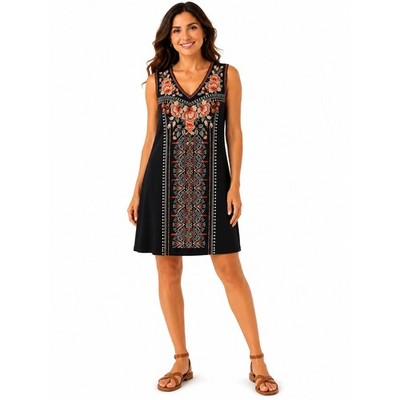 Johnny Was Calida Yoke Tank Tunic Black Embroidered T-Shirt Dress Size XXL