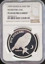 1999 New Zealand Silver $5 Morepork Owl Proof NGC PF69