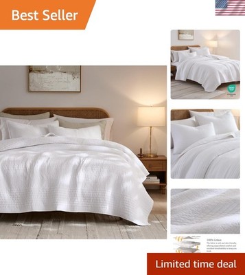 Striped White 100% Cotton Quilt California Cal King Size Bedding Sets, Oversi...