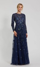 Mac Duggal Navy Blue Embellished High Neck Long Sleeve A Line Gown Size 16 $798