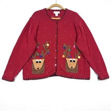 Vintage Christmas Sweater Women XL Reindeer Pocket Ornaments Embroidered Festive