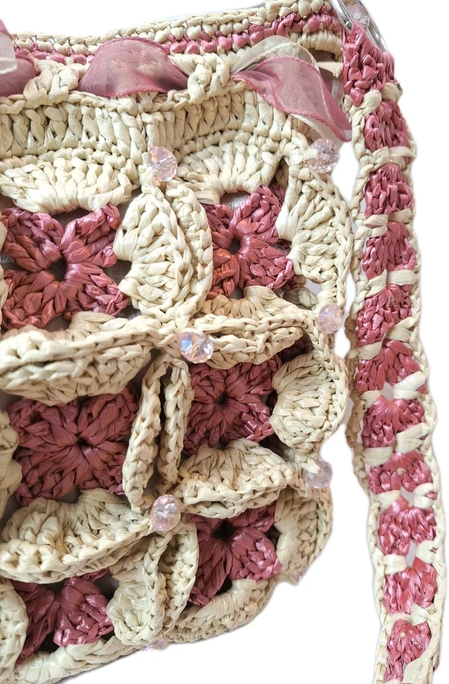 Cartera de rafia de ganchillo hecha a mano de colección forrada con cuentas bolso cinta broche acento Foto 3 de 4
