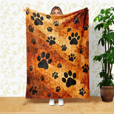 Black Paw Prints Orange Watercolor Coral Fleece Blanket Pet Decor
