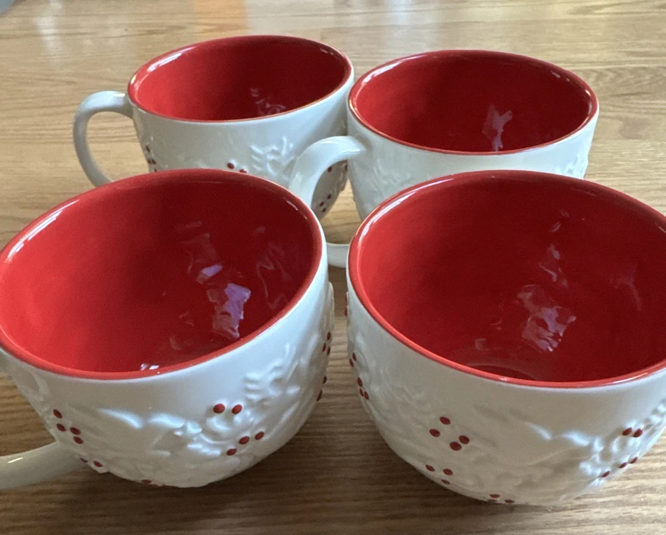 Juego de 4 tazas de café Starbucks cerámica Navidad rojo blanco 2008 café/cacao Foto 4 de 4