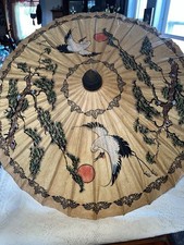 Vintage Oriental Paper Parasol Umbrella Hand Painted Birds  Flowers 34  Across