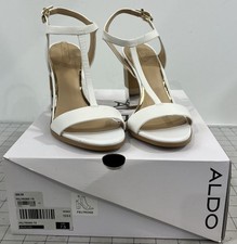 Aldo Women's Feltone-70 White Heeled Sandals Gold Accent Sz 7.5 With Box
