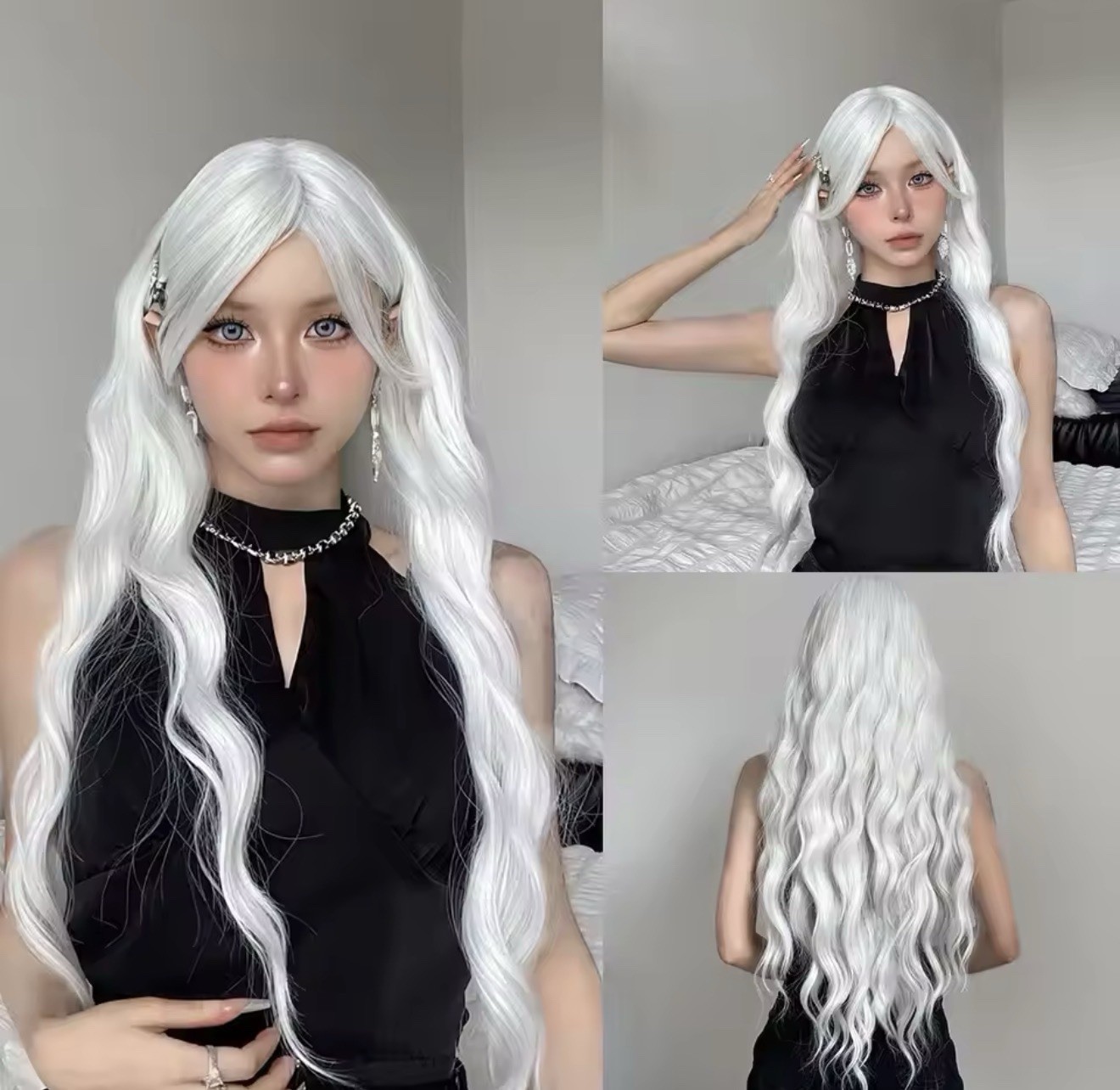 Perruque synthétique blanche longue de 65cm à frange avec cheveux bouclés pour femme