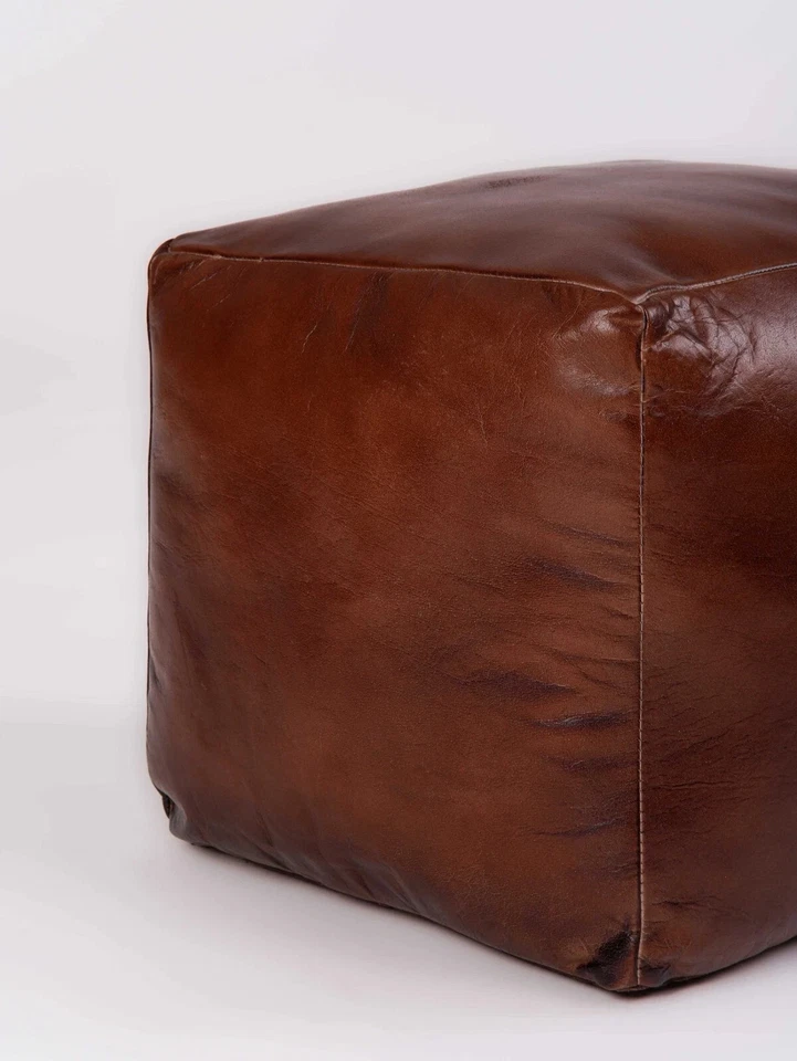Handmade eco- friendly Square SHAPED STUFFED BUFFALO LEATHER BROWN POUF - Image 4 of 4