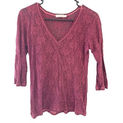 ERG Womens Burgundy Floral Lace Mesh V-Neck Top Large USA Fairy Whimsigoth