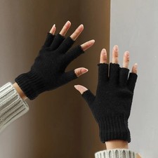 Women's Winter Fingerless Gloves Non-Woven Warm Wrist Covers Stretch Black