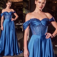 Blue Off Shoulder Evening Dress Rhinstones Illusion Bead Bespoke Party Gown Plus