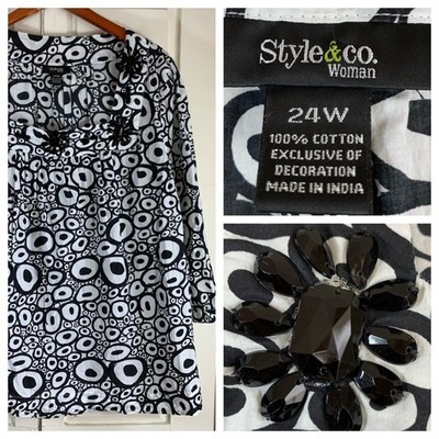 Style&co Woman 24W Black White Geometric Circle Beaded Square Neck Tunic Blouse