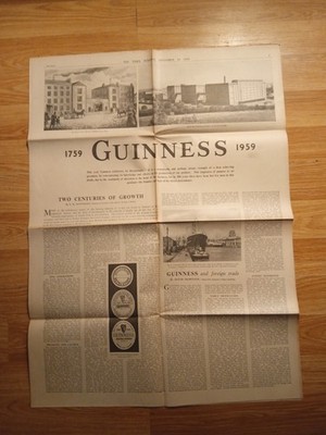 GUINNESS 1959 Bicentenary Original The Times Zeitung 4 Seiten Anzeigenartikel selten