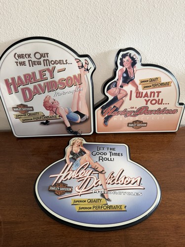 Set Of 3 Vintage Replica Pin Up Style Harley Wooden Signs