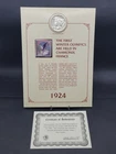 1924 Silver Peace $1 Dollar On Card w/ $60 Guyana Winter Olympics Stamp COA