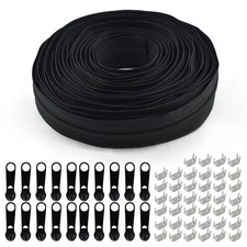 3 Nylon Coil Zipper 10 20pcs Black Sliders and 30pcs Stops Black/ 10Yards