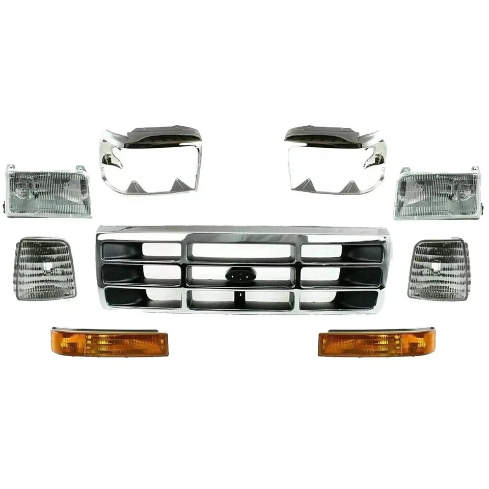 NEW FRONT CHROME GRILLE AND HEADLIGHTS KIT FOR 1992-1997 FORD BRONCO F-150 F-250 Foto 2 de 4