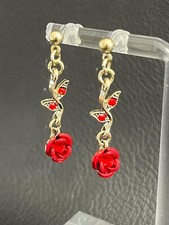 BEAUTIFUL GOLD TONE RED ROSES DANGLE EARRINGS WIFE MOM DAUGHTER - FREE SHIPPING