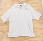 White vintage Harley-Davidson Sturgis 2002 men’s 2XL polo shirt with blue monogram and USA flag on chest.