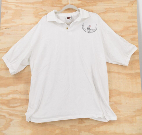 White vintage Harley-Davidson Sturgis 2002 men’s 2XL polo shirt with blue monogram and USA flag on chest.