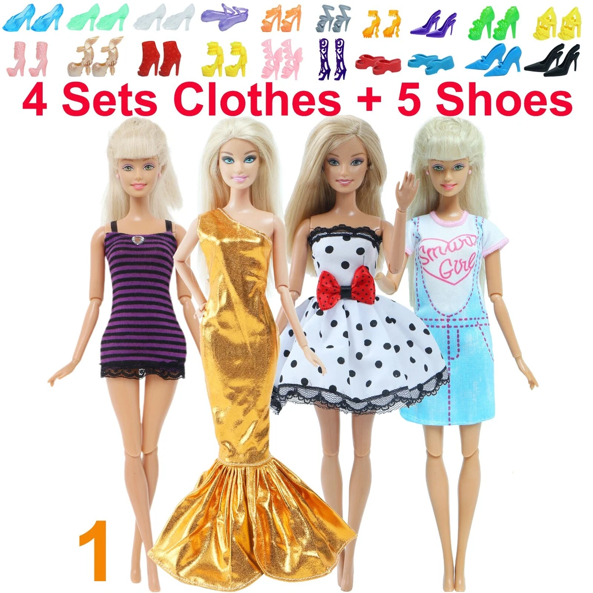 Lot de 4/5 tenues vêtements + 5 p. chaussures pour Barbie poupée