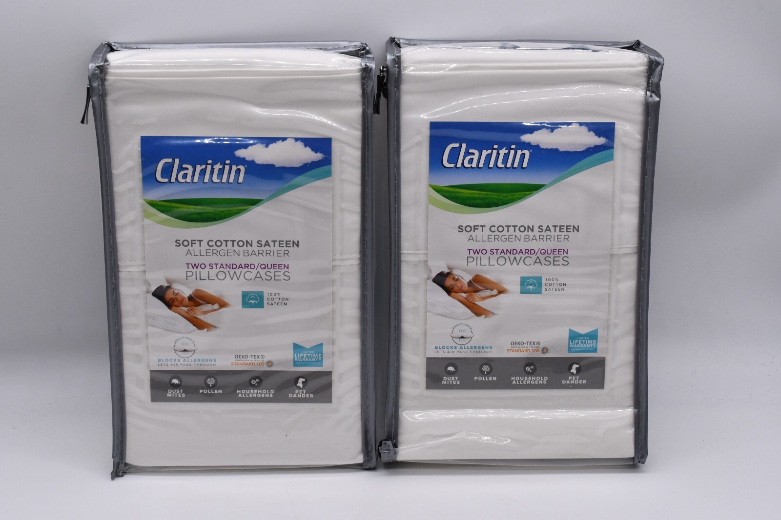 (2) Claritin Queen Pillowcases Soft Cotton Sateen 20x30" White Allergen Barrier eBay