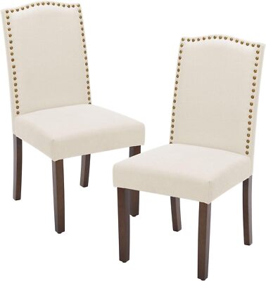 2pcs Upholstered Fabric Beige Dining Chair Living Room Nailhead Trim Chair