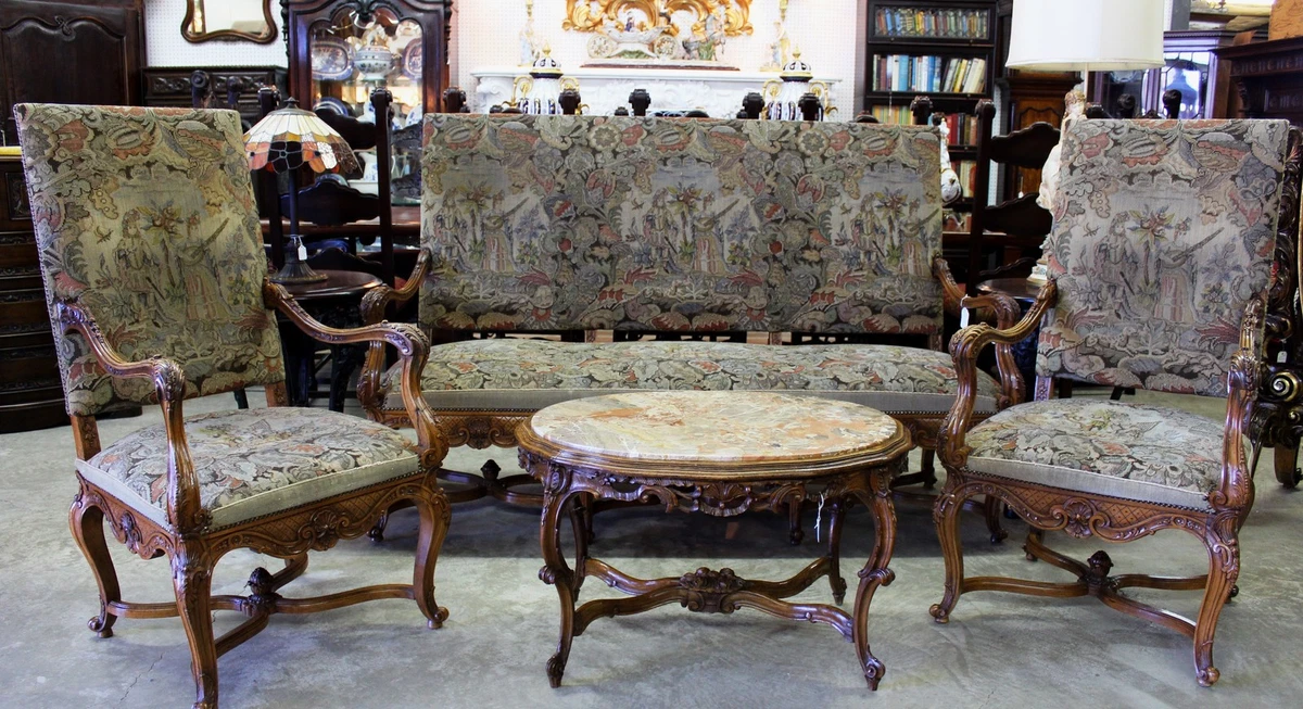 Antique French Louis XV Fauteuil Suite Sofa 2 Arm Chairs Original Tapestry  1860