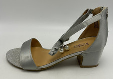 Badgley Mischka Heels Womens 5 Silver Satin Block Sparkle Ankle Strap Pearl Bow