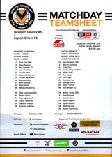 TEAM SHEET  - Newport County v Leyton Orient 29.12.2019